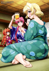 Rule 34 | :q, absurdres, ahoge, alcohol, ass, barefoot, beer, blue eyes, blush, braid, breasts, choko (cup), cleavage, cup, drinking glass, drunk, feet, hashidate kana, highres, indoors, japanese clothes, kimono, long hair, looking at viewer, lyrical nanoha, mahou shoujo lyrical nanoha, mahou shoujo lyrical nanoha a&#039;s, medium breasts, megami magazine, mug, multiple girls, no bra, official art, open clothes, open mouth, open shirt, orange hair, pink hair, ponytail, red hair, shamal, signum, sitting, soles, tatami, toes, tongue, tongue out, twin braids, vita (nanoha), yukata