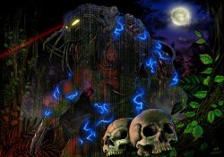 1boy alien arm_blade armor dreadlocks fishnets gauntlets helmet highres laser laser_pointer_projection laser_sight long_hair mandibles mask muscular pauldrons plasma_caster predator_(character) predator_(series) shoulder_armor shoulder_cannon skull thigh_armor weapon wrist_blades wswc8755