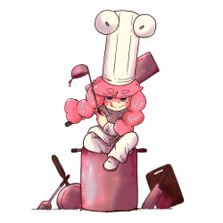 Rule 34 | 1girl, :q, absurdres, alternate hair color, blunt bangs, blush stickers, braid, chef, chef hat, closed mouth, commentary request, cookie (touhou), cooking pot, cutting board, frying pan, full body, grey eyes, hat, highres, holding, holding ladle, horizontal pupils, jacket, kitchen knife, ladle, long hair, looking at viewer, moriya suwako, muimui (4242564muimui), pants, pink hair, shoes, simple background, sitting, smile, solo, spatula, tongue, tongue out, touhou, twin braids, web (cookie), white background, white jacket, white pants, white shoes