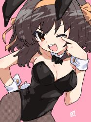 1girl ;d animal_ears black_leotard breasts brown_eyes brown_hair cleavage commentary_request covered_navel fake_animal_ears fishnet_pantyhose fishnets hairband hand_on_own_hip highres large_breasts leotard looking_at_viewer medium_hair official_alternate_costume one_eye_closed open_mouth pantyhose pink_background playboy_bunny rabbit_ears ribbon simple_background smile solo suzumiya_haruhi suzumiya_haruhi_no_yuuutsu take_shinobu teeth tongue upper_teeth_only white_wrist_cuffs wrist_cuffs yellow_hairband yellow_ribbon