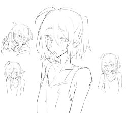 Rule 34 | 1girl, ahoge, azuma shino, bad id, bad twitter id, collarbone, eyes visible through hair, fang, flat chest, highres, monochrome, nowareno (azuma shino), open mouth, original, pointy ears, ponytail, short hair, sketch, solo, tank top, upper body, white background
