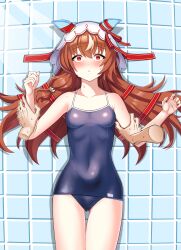 1girl absurdres animal_ears bails breasts brown_hair collarbone commentary_request covered_navel floor_tiles highres horse_ears horse_girl looking_at_viewer open_mouth pov pov_hands red_eyes school_swimsuit small_breasts solo still_in_love_(umamusume) sweat swimsuit textless_version umamusume veil wet
