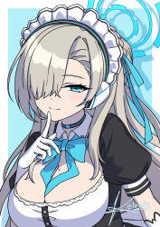 Rule 34 | 1girl, aqua bow, aqua bowtie, asuna (blue archive), blonde hair, blue archive, blue eyes, bow, bowtie, breasts, cleavage, cleavage cutout, clothing cutout, gloves, hair over one eye, headgear, kelinch1, large breasts, long hair, looking at viewer, maid, maid headdress, mole, mole on breast, puffy short sleeves, puffy sleeves, short sleeves, smile, solo, very long hair, white gloves