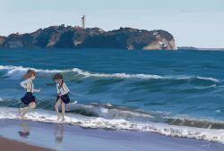 2girls :d barefoot beach black_hair blue_skirt bow braid brown_hair closed_eyes dated hair_bow half_up_braid highres hirasawa_you long_sleeves multiple_girls ocean open_mouth original outdoors shirt skirt smile suspender_skirt suspenders twin_braids water waves wet wet_clothes wet_shirt white_shirt wide_shot