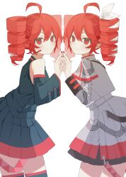 2girls absurdres ahoge banibanisuko bare_shoulders belt black_belt black_shirt black_sleeve_cuffs black_sleeves black_thighhighs blush bow cowboy_shot detached_sleeves dress drill_hair dual_persona fingernails from_side grey_jacket grey_skirt hair_between_eyes hair_bow hair_ribbon highres holding_hands jacket kasane_teto kasane_teto_(sv) kasane_teto_(utau) layered_skirt layered_sleeves leaning_forward long_sleeves looking_at_viewer looking_to_the_side multiple_girls pleated_skirt red_belt red_eyes red_hair red_nails red_skirt ribbon shirt shoulder_belt skirt skirt_set sleeve_cuffs smile steepled_fingers striped_clothes striped_jacket striped_skirt synthesizer_v thighhighs twin_drills utau white_bow white_ribbon