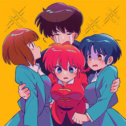 1boy 3girls aqua_dress arm_around_shoulder black_pants blue_hair blunt_bangs blunt_ends bob_cut braid braided_ponytail breasts brown_eyes brown_hair chinese_clothes clenched_hand closed_eyes crying disgust disturbed dress empty_eyes eyeshadow fuurinkan_high_school_uniform girl_sandwich group_hug hair_between_eyes height_difference hug inverted_bob japanese_clothes kimono kunou_tatewaki long_sleeves looking_afar looking_ahead looking_at_another looking_up loose_hair_strand makeup medium_breasts multiple_girls open_mouth pankou pants parted_lips purple_eyeshadow purple_kimono raised_eyebrows ranma-chan ranma_1/2 red_hair red_shirt sanamaru_(sana79261827) sandwiched school_uniform shaded_face shirt short_hair siblings single_braid sisters sparkle sparkle_background streaming_tears surprised sweatdrop tangzhuang tears tendou_akane tendou_nabiki turn_pale unhappy v-shaped_eyebrows yellow_background