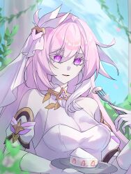 1girl absurdres blue_sky breasts cake cake_slice commentary corset diamond-shaped_pupils diamond_(shape) elysia_(herrscher_of_human:_ego)_(honkai_impact) elysia_(honkai_impact) english_commentary food fork gloves highres holding holding_fork holding_plate honkai_(series) honkai_impact_3rd large_breasts long_hair mmaayyooccaatt parted_lips pink_hair plate purple_hair see-through_cleavage see-through_clothes sky solo symbol-shaped_pupils triquetra upper_body veil very_long_hair white_corset white_gloves white_veil