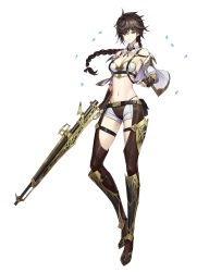 1girl absurdres bandeau bare_shoulders belt belt_pouch black_belt boots borrowed_character braid breasts brown_boots brown_gloves brown_hair bullet chaps chest_harness cleavage closed_mouth commentary_request commission detached_collar elbow_gloves fingerless_gloves floating floating_object full_body gloves green_eyes groin gun hair_between_eyes harness highres holding holding_bullet holding_gun holding_weapon long_hair looking_at_viewer medium_breasts midriff mytea_(soso) navel off_shoulder open_clothes open_shirt original pouch shin_guards shirt short_shorts shorts simple_background single_braid skeb_commission skindentation smile solo standing tachi-e underbust weapon white_background white_bandeau white_shirt white_shorts