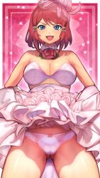 Rule 34 | 1girl, absurdres, blue eyes, bra, breasts, bridal veil, cameltoe, cleavage, commission, dress, flashing, flower, flower necklace, hair ornament, heart, heart background, highres, jewelry, lipstick, looking at viewer, makeup, medium breasts, neck flower, necklace, official alternate costume, panties, pulling own clothes, r123, red flower, red hair, red lips, red rose, rose, rose (tales), rose (wedding) (tales), short hair, smile, solo, sparkle background, tales of (series), tales of asteria, tales of link, tales of zestiria, underwear, veil, white bra, white dress, white panties