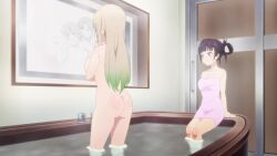 2girls android animated anime_screenshot arms_under_breasts ass bare_shoulders black_hair blonde_hair blue_eyes breasts celavage collarbone completely_nude fang hair_between_eyes highres kakushite!_makina-san!! large_breasts long_hair mamimi_(makina-san) medium_breasts multiple_girls naked_towel navel nipples nude purple_eyes robot_girl sakimori_alma screen skin_fang smile sound standing stomach tagme thick_thighs thigh_gap thighs towel twintails video wide_hips