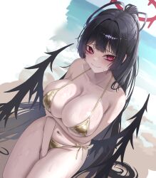 Rule 34 | 1girl, absurdres, alternate costume, antenna hair, arm between legs, arm under breasts, beach, bikini, black hair, black wings, blue archive, blush, breasts, cleavage, collarbone, commentary, gold bikini, groin, halo, highres, holding own arm, korean commentary, large breasts, long hair, looking at viewer, micro bikini, musclexm, navel, nervous smile, nervous sweating, outdoors, ponytail, red eyes, revision, side-tie bikini bottom, smile, solo, stomach, string bikini, sweat, swimsuit, thighs, tsurugi (blue archive), very long hair, wings