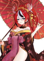 1girl alternate_costume alternate_hairstyle animal_ear_fluff animal_ears bare_shoulders black_hair black_kimono blue_eyes breasts bright_pupils commentary crossed_bangs dorahd01 double-parted_bangs english_commentary extra_ears floral_print floral_print_kimono front_slit grin hair_between_eyes hair_ornament hairpin hakos_baelz highres holding holding_smoking_pipe holding_umbrella hololive hololive_english japanese_clothes kimono long_hair looking_at_viewer medium_breasts mouse_ears multicolored_hair off_shoulder oil-paper_umbrella pelvic_curtain ponytail print_kimono purple_sash red_hair sash simple_background smile smoking_pipe solo streaked_hair umbrella virtual_youtuber white_background white_hair white_pupils