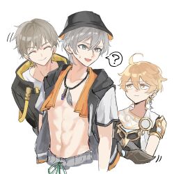 3boys abs absurdres aether_(genshin_impact) black_hat bucket_hat caelus_(honkai:_star_rail) fish_hat genshin_impact grey_hair grey_shorts hat highres honkai:_star_rail honkai_(series) male_focus multiple_boys navel nihon_no_hentai shorts simple_background trailblazer_(honkai:_star_rail) upper_body white_background wise_(peaceful_waves)_(zenless_zone_zero) wise_(zenless_zone_zero) zenless_zone_zero