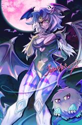 Rule 34 | artist name, bat (animal), bat wings, blue hair, cosplay, darkstalkers, demon girl, demon horns, demon wings, duel monster, extra eyes, facial mark, head wings, horns, judgedarts, moon, morrigan aensland, morrigan aensland (cosplay), multicolored hair, pink moon, smile, third eye, white hair, winged kuriboh, wings, yu-gi-oh!, yu-gi-oh! gx, yubel