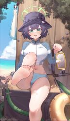 1girl absurdres artist_name bare_legs barefoot beach bei_qi blue_archive blue_panties blue_sky blush breasts bucket_hat crop_top dated day feet foot_focus foot_out_of_frame goggles green_eyes green_halo halo hat highres holding innertube large_breasts legs long_sleeves looking_at_viewer medium_hair midriff navel official_alternate_costume open_mouth outdoors panties purple_hair saki_(blue_archive) saki_(swimsuit)_(blue_archive) sitting sky soles solo swim_ring thighs toes underwear unworn_goggles v-shaped_eyebrows
