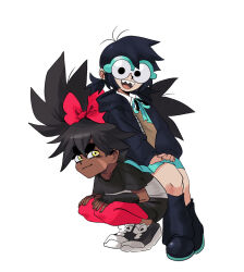 2girls black_hair bow cassie_su dark-skinned_female dark_skin glasses hair_bow highres i&#039;m_not_a_magical_girl leggings low_twintails lulu_kasuko marnie_(marnielovesyou) multiple_girls open_mouth original red_bow sharp_teeth shoes short_twintails skirt smile sneakers squatting teeth twintails upper_teeth_only very_dark_skin yellow_eyes