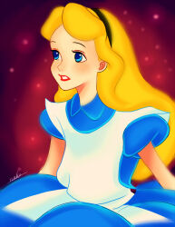 1girl alice_(disney) alice_in_wonderland_(disney) apron blonde_hair blue_dress blue_eyes bow dress hairband long_hair nyamunekonabe red_lips ribbon short_sleeves toon_(style) white_apron