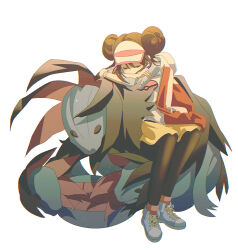 1girl black_pantyhose breasts brown_hair commentary_request donut_hair_bun double_bun dragon gen_5_pokemon hair_bun hat highres hydreigon jacket kkodle2 long_hair multiple_heads nintendo pantyhose pantyhose_under_shorts poke_ball_print pokemon pokemon_(creature) pokemon_bw2 raglan_sleeves rosa_(pokemon) shirt shoes shorts simple_background sleeping sneakers twintails visor_cap yellow_shorts