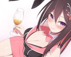 1girl animal_ears azki_(hololive) bow bowtie breasts brown_hair choumei_(qca012005) cup drinking_glass hair_ornament hairpin holding holding_cup hololive large_breasts leotard mole mole_under_eye pink_hair playboy_bunny purple_eyes rabbit_ears skirt smile solo white_background wine_glass