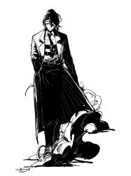 1boy chest_belt closed_eyes closed_mouth coat commentary full-stop_office_(identity)_(project_moon) full_body greyscale hand_in_pocket headset high_ponytail highres hong_lu_(project_moon) lapels limbus_company long_hair long_sleeves male_focus monochrome necktie notched_lapels pants ponytail project_moon signature simple_background smoke solo standing symbol-only_commentary unako_hiraeth