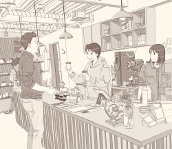 1girl 3boys breast_pocket cafe ceiling coffee_beans coffee_grinder collared_shirt counter cup disposable_coffee_cup disposable_cup doorway flower highres holding holding_cup hood hood_down hoodie indoors industrial_pipe looking_at_another medium_hair monochrome multiple_boys naoyuzuhiko open_mouth original pants pocket shirt short_hair sleeves_rolled_up tablet_pc teacup vase