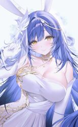 Rule 34 | 1girl, absurdres, blue hair, breasts, collarbone, commission, dress, elbow gloves, ggatip, girls&#039; frontline, gloves, head ornament, head tilt, highres, huge breasts, looking at viewer, official alternate costume, simple background, sleeveless, sleeveless dress, smile, solo, tar-21 (girls&#039; frontline), tar-21 (the lost march hare) (girls&#039; frontline), upper body, white dress, white gloves, yellow eyes