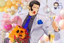 1boy artist_name balloon black_hair black_necktie black_skirt blue_flower blue_rose bouquet box cake coat collared_shirt cup cupcake drinking_glass english_text flower food gift gift_box grin happy_birthday heart highres holding holding_balloon holding_bouquet holding_cup long_sleeves looking_at_viewer male_focus maxima mmts_g mouth_hold necktie open_clothes open_coat purple_eyes rose shirt short_hair skirt smile solo sunflower teeth the_king_of_fighters the_king_of_fighters_for_girls watermark white_coat wine_glass
