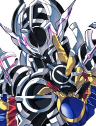 Rule 34 | 1boy, armored bodysuit, bodysuit, evol trigger, helmet, highres, holding, kamen rider, kamen rider build (series), kamen rider evol (black hole form), male focus, multicolored bodysuit, ohd6 d, simple background, solo, upper body, white background