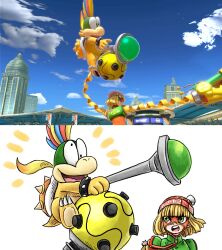 1girl arms_(game) beanie blonde_hair domino_mask game_screenshot_inset green_eyes hat kicdon lemmy_koopa mario_(series) mask megawatt_(arms) min_min_(arms) nintendo open_mouth reference_inset scepter short_hair super_smash_bros.