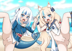 2boys 2girls absurdres animal_ears beach blonde_hair breasts cat_ears cum cum_in_pussy exhibitionism female_focus fins fish fish_girl fish_tail fishgirl gawr_gura group_sex highres hololive hololive_english hololive_myth long_hair multiple_boys multiple_girls ocean penis public_indecency public_nudity pussy sameko_saba sex shark shark_tail sharp_teeth small_breasts tail teeth vampy_squid virtual_youtuber white_hair