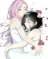 2girls alien_stage black_hair blue_hair bow closed_eyes commentary dress english_commentary flower hair_bow highres hug koreuu long_hair medium_hair mini_wings mizi_(alien_stage) multicolored_hair multiple_girls pink_hair red_flower sleeveless sleeveless_dress sua_(alien_stage) two-tone_hair very_long_hair white_bow white_dress wings