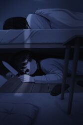 1girl 1other absurdres bed black_eyes black_hair black_slippers closed_mouth highres holding holding_knife holding_weapon indoors knife long_sleeves lying on_bed on_side on_stomach original pillow sakiika0513 shirt short_hair sleeping slippers stool under_bed under_covers unworn_slippers weapon white_shirt yandere
