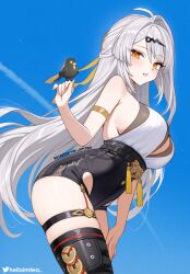 1girl armlet armpit_crease bare_shoulders bird bird_on_hand black_shorts black_thighhighs blush breasts commentary english_commentary from_side grey_hair hair_ornament helloimtea high-waist_shorts highres jewelry large_breasts long_hair looking_at_viewer no_jacket orange_eyes parted_lips shirt shirt_tucked_in shorts single_hair_intake solo thigh_strap thighhighs thighs very_long_hair white_shirt yi_xuan_(zenless_zone_zero) zenless_zone_zero