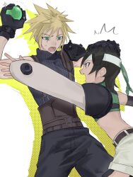 1boy 1girl angry arm_up armor baggy_pants belt black_gloves black_hair blonde_hair blue_eyes brown_eyes cloud_strife cowboy_shot cropped_sweater final_fantasy final_fantasy_vii final_fantasy_vii_rebirth final_fantasy_vii_remake gloves green_sweater hand_on_another&#039;s_head headband highres holding materia midriff open_mouth outstretched_arm pants short_hair shorts shoulder_armor single_shoulder_pad sleeveless sleeveless_turtleneck spiked_hair sweatdrop sweater turtleneck turtleneck_sweater vani_(hisha_04) yuffie_kisaragi