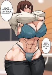 Rule 34 | 1girl, abs, absurdres, breasts, english text, highres, huge breasts, lingerie, mature female, musctonk, muscular, muscular female, taking off shirt, underwear