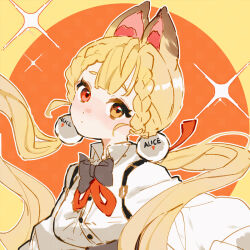 1girl alice_thymefield animal_ears blonde_hair buttons character_name chinese_commentary circle collared_shirt commentary_request expressionless looking_at_viewer rabbit_ears rabbit_girl red_eyes sanjiaoxingdetuzi shirt simple_background solo sphere_hair_ornament twintails upper_body white_shirt yellow_background yellow_eyes zenless_zone_zero
