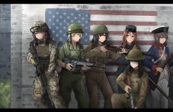 6+girls absurdres ace_(playing_card) ace_of_clubs american_civil_war american_flag american_revolution ammunition_pouch antique_firearm assault_rifle ayou_(aukuamani) bags_under_eyes black_hat blonde_hair blue_coat bolt_action breasts brown_eyes brown_gloves brown_hair brown_helmet brown_pants bulletproof_vest camouflage camouflage_helmet camouflage_jacket camouflage_pants caplock card closed_mouth club_(shape) coat commentary confederate_states_of_america day english_commentary eotech evolution facepaint feet_out_of_frame finger_on_trigger firearm firelock flashlight gloves goggles goggles_on_head grass green_eyes grey_hat grey_jacket grey_pants gun hat headset helmet highres jacket knee_pads kneeling letterboxed load_bearing_equipment load_bearing_vest m16 m16a1 m1903_springfield m1_garand m4_carbine magazine_(weapon) medium_breasts medium_hair military military_combat_uniform military_fatigues military_uniform multiple_girls musket optical_sight original outdoors pants playing_card pouch rifle short_hair standing strap tricorne trigger_discipline united_states_army vest vietnam_war waistcoat weapon white_pants woodland_camouflage world_war_i world_war_ii