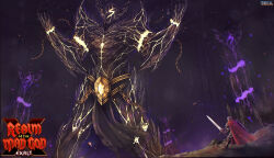 1boy arm_armor armor boss_fight cape chain colossus commentary company_logo company_name copyright_name cuirass full_armor gauntlets gem helmet highres holding holding_sword holding_weapon indoors knight knight_(rotmg) leg_armor marble_colossus_(rotmg) official_art pelvic_curtain pillar realm_of_the_mad_god red_cape saturnzcheery shield shoulder_armor standing sword weapon yellow_gemstone
