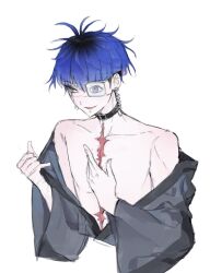 1boy black_hair blue_eyes blue_hair bridge_piercing earrings eyepatch face_piercing fingernails hand_up highres japanese_clothes jewelry kimono lip_piercing male_focus multicolored_hair omokage_yugamu one_eye_covered open_clothes open_kimono partially_undressed piercing scar scar_on_chest simple_background solo solo_focus the_hundred_line_-last_defense_academy- white_background