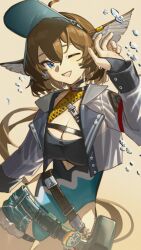 Rule 34 | 1girl, aciddrop (arknights), aciddrop (holiday) (arknights), animal ears, arknights, belt, blue one-piece swimsuit, breasts, brown hair, chinese commentary, cleavage, commentary request, cropped jacket, gradient background, grey one-piece swimsuit, hand up, highres, jacket, lanzi (415460661), long hair, looking to the side, medium breasts, official alternate costume, one-piece swimsuit, one eye closed, open mouth, owl ears, ponytail, pouch, sidelocks, smile, swimsuit, thigh pouch, two-tone one-piece swimsuit, very long hair, visor cap, water drop, white jacket, yellow background