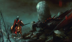 1other absurdres ambiguous_gender animal armor dragon fog full_armor helm helmet highres holding holding_sword holding_weapon horse kalmahul knight looking_at_another night original outdoors riding scenery sharp_teeth shield shiny_skin signature stone striped sword teeth water weapon