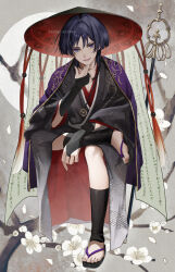 1boy armor artist_name asagizuisen bead_necklace beads belt black_hat black_sandals blue_hair blunt_ends branch cape eyeshadow floral_print flower full_body full_moon genshin_impact grey_background grey_belt hair_between_eyes hand_on_own_chin hat hat_tassel highres japanese_armor japanese_clothes jewelry jingasa kojitsunagi_(pattern) kote kurokote kuronushi_(genshin_impact) leg_warmers long_sleeves looking_at_viewer makeup male_focus mizu_happi moon necklace open_mouth petals purple_cape purple_eyes red_eyeshadow red_hat sandals scaramouche_(genshin_impact) short_hair sitting smile solo tassel toenails two-sided_fabric two-sided_headwear v-shaped_eyebrows white_flower wide_sleeves