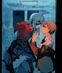 2girls bang_dream! bang_dream!_it&#039;s_mygo!!!!! black_corset black_jacket black_mask black_skirt blue_hair brown_eyes chinese_commentary closed_eyes closed_mouth commentary_request corset e-fa-dorn flower grey_hair highres jacket long_hair mask masquerade_mask multiple_girls oblivionis_(bang_dream!) off_shoulder phone_booth puppet_strings red_shirt shirt short_hair sidelocks skirt takamatsu_tomori togawa_sakiko white_shirt yuri