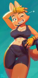 1girl animal_ears animal_nose arm_up blush breasts brown_eyes crop_top curvy diane_foxington dreamworks fingerless_gloves fox fox_ears fox_girl fox_tail furry furry_female gloves gym_shorts gymwear helmet highres long_ears medium_breasts navel one_eye_closed orange_fur shadow shirt shirt_tug short_shorts shorts simple_background sleeveless sleeveless_shirt sweat sweatdrop tail the_bad_guys_(movie) two-tone_fur very_long_tail wide_hips workout_clothes