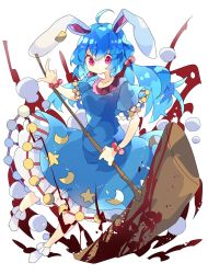 1girl :/ ahoge animal_ears blood bloody_weapon blue_dress blue_hair bobby_socks bracelet collar commentary crescent dress frilled_collar frills hair_bobbles hair_ornament highres holding jewelry kine long_hair mallet nikorashi-ka petticoat pink_eyes rabbit_ears red_collar seiran_(touhou) socks solo star_(symbol) touhou weapon white_socks wide_sleeves