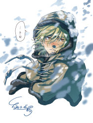 1boy blonde_hair blush brown_capelet brown_eyes capelet dated fur-trimmed_capelet fur_trim furrowed_brow hair_between_eyes highres hood hood_up hooded_capelet male_focus nose_blush parted_lips shirube_akashi signature snow solo thorfinn upper_body vinland_saga