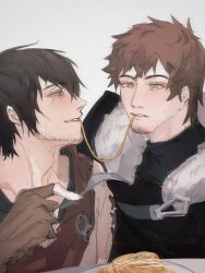 2boys adventurer_(ff14) ardbert_hylfyst beard_stubble black_hair black_shirt blue_eyes blush brown_gloves brown_hair brown_vest chest_belt commentary couple facial_hair final_fantasy final_fantasy_xiv fingerless_gloves food fork fur_trim gloves goatee highres holding holding_fork kiyoso0423 layered_clothes leather_vest looking_at_another male_focus multiple_boys noodles pasta plate scar scar_across_eye scar_on_face sharing_food shirt simple_background sitting sleeveless stubble sweat sweatdrop symbol-only_commentary vest warrior_of_light_(ff14) white_background white_fur