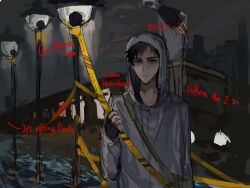 Rule 34 | 1boy, :|, bag, bags under eyes, black gloves, black hair, building, caution tape, cityscape, closed mouth, cry of fear, english text, fingerless gloves, gloves, grey hoodie, holding tape, hood, hood up, hoodie, kerwind1200, lamppost, looking at viewer, male focus, multiple views, narration, short hair, shoulder bag, simon henriksson, solo