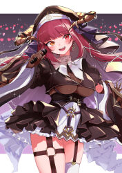 1girl black_shirt black_skirt breasts cowboy_shot crowd earrings goten_(510gensoku) heterochromia highres hololive horns houshou_marine houshou_marine_(ahoy!!_you&#039;re_all_pirates) jewelry large_breasts leotard long_hair microphone red_eyes red_hair see-through_clothes see-through_leotard shirt single_thighhigh skirt solo thighhighs virtual_youtuber white_thighhighs yellow_eyes