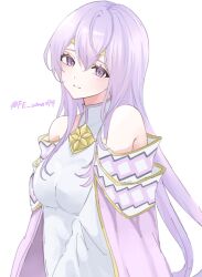 1girl bare_shoulders breasts closed_mouth dress eyelashes fire_emblem fire_emblem:_genealogy_of_the_holy_war hair_between_eyes highres julia_(fire_emblem) long_hair long_sleeves looking_at_viewer medium_breasts nintendo purple_dress purple_eyes purple_hair sayaka_(fe_uma274) solo twitter_username upper_body white_background